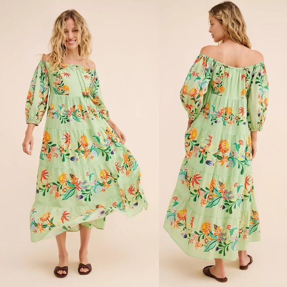 FARM Rio Dresses & Skirts - NWT Farm Rio Anthropologie Off-The-Shoulder Long-Sleeve Tiered Floral Midi Dress